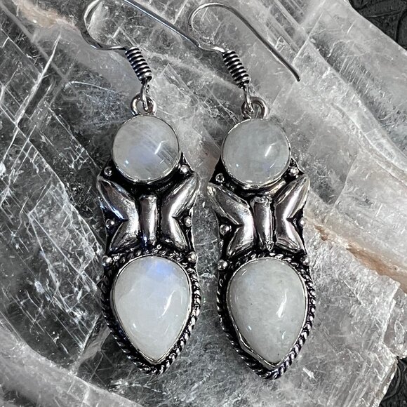 Rainbow Moonstone Butterfly Earrings Crystal Stone Jewelry - Picture 6 of 7